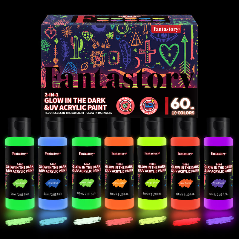 Fantastory 60ml/2oz Neon Glow in the Dark Paint, 10 Tubes Fluorescent Colors Glow Acrylic Paints