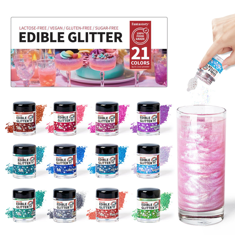 Fantastory 21 Colors (3g Each) Edible Glitter Set: Luster Dust for DIY, Nail Art, Decorating, Baking