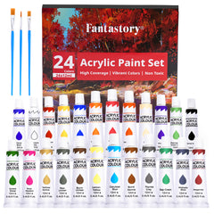 Fantastory 12ML 24 Colors Acrylic Paint Set with 3 Paint Brushes