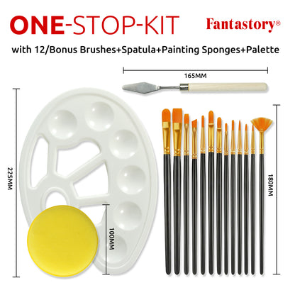 Fantastory 65 Pack Acrylic Paint Set, 50 Colors (2 oz/Bottle) with 12 Art Brushes and Palette
