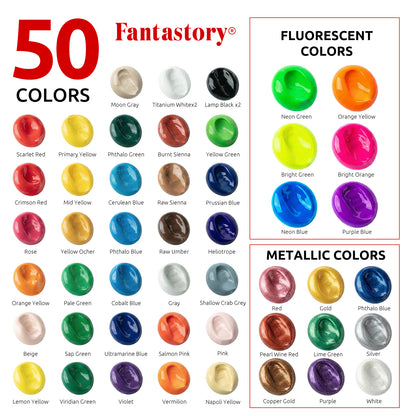 Fantastory 65 Pack Acrylic Paint Set, 50 Colors (2 oz/Bottle) with 12 Art Brushes and Palette