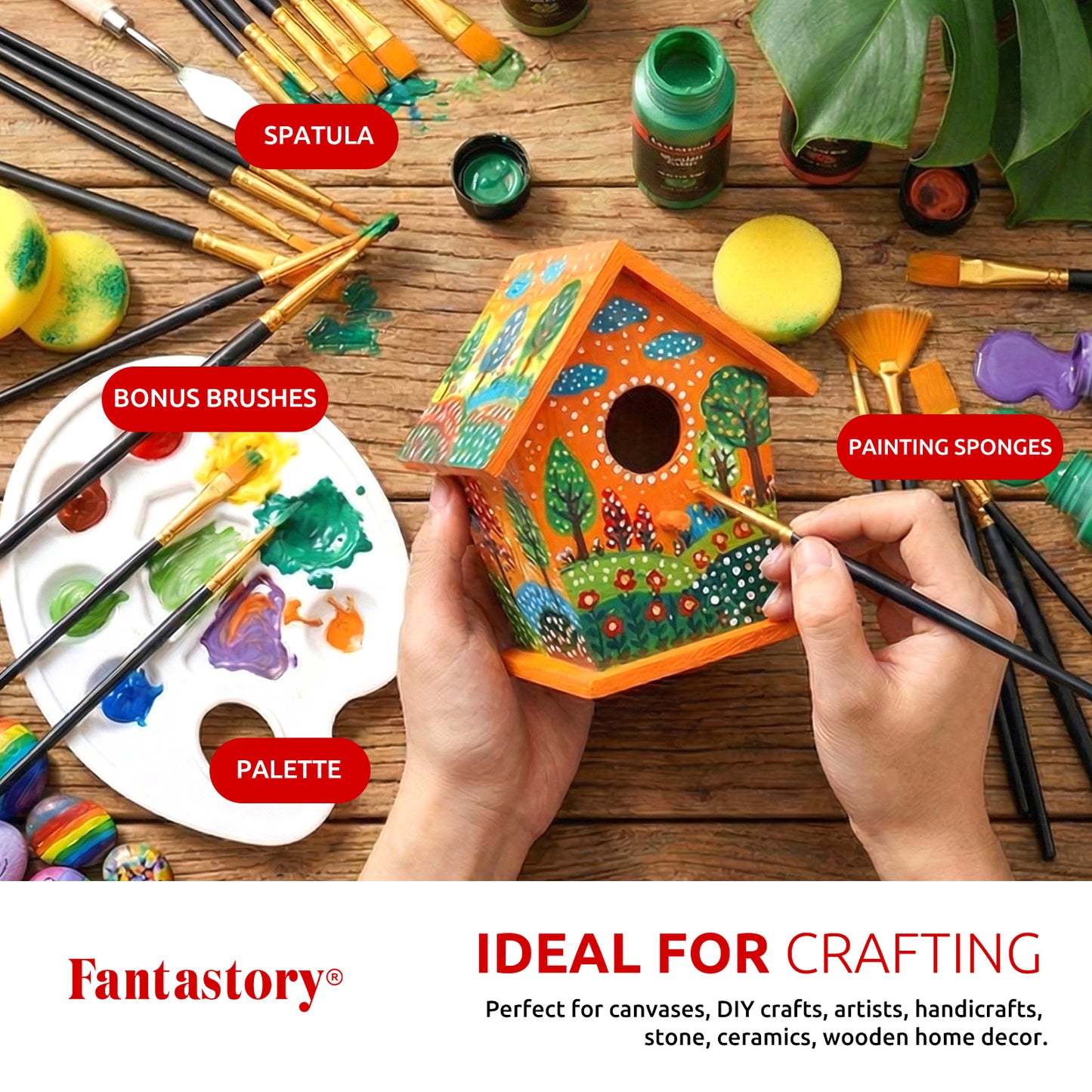 Fantastory 65 Pack Acrylic Paint Set, 50 Colors (2 oz/Bottle) with 12 Art Brushes and Palette
