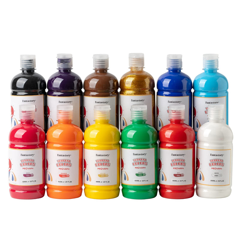 Fantastory 12 Colors Tempera Paint Set –Washable, Non-Toxic Paint for Kids Poster and Finger Painting (16.9 oz Each)