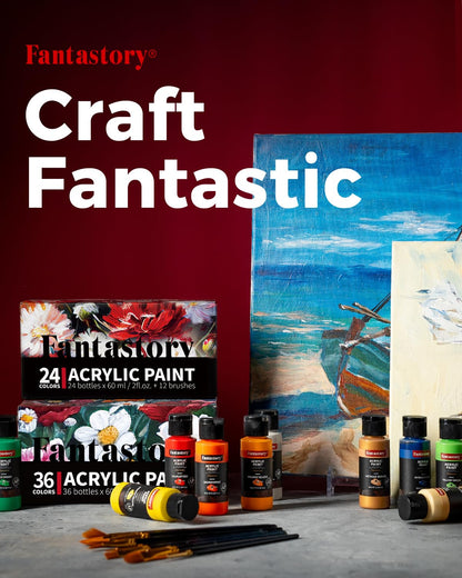 Fantastory Acrylic Paint Set 24 Classic Colors(2oz /60ml) with 12 Brushes, Professional Craft Thick Paints Kits for Adults, Canvas Wood Fabric Ceramic Rock Painting Supplies