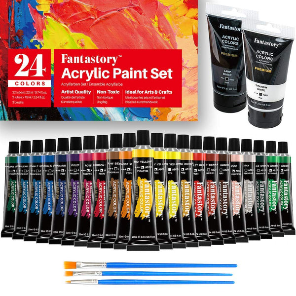 Artistik Acrylic Paint Tube Set of 32-22ml Paint Tubes with 3 Brushes for Adults, Kids and Artists - Non-Toxic Artist Quality